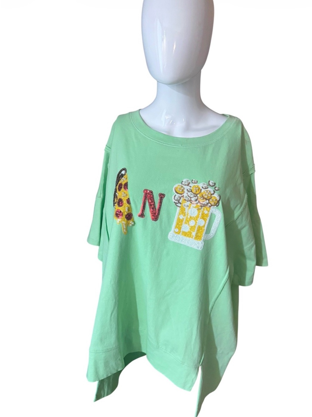 Fantastic Fawn Mint Green Short-Sleeve Tunic with Sequin Pizza & Beer Motifs